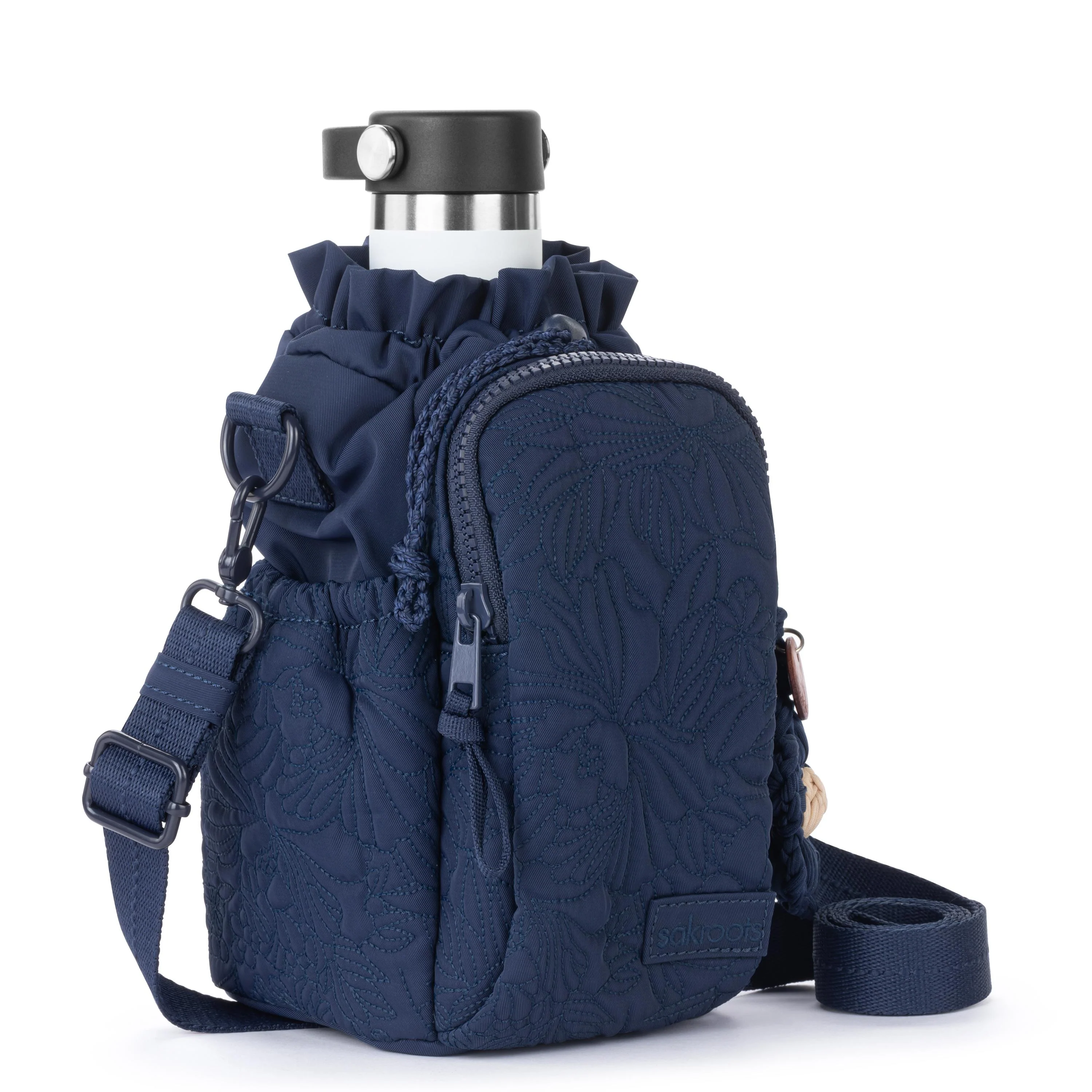 Banyan Drawstring Crossbody - EcoTwill - Navy Flower Blossom Quilted - Image 4