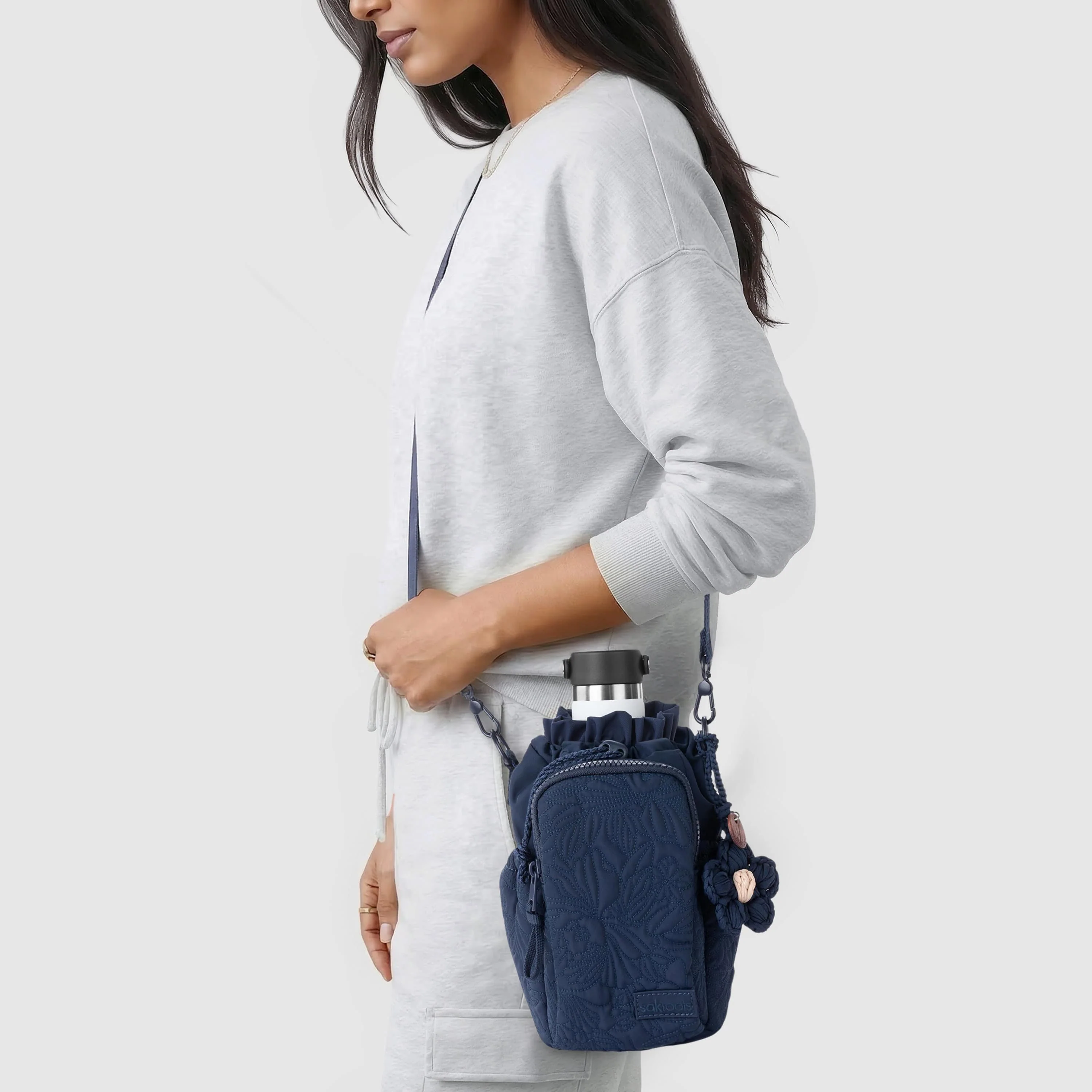 Banyan Drawstring Crossbody - EcoTwill - Navy Flower Blossom Quilted - Image 7