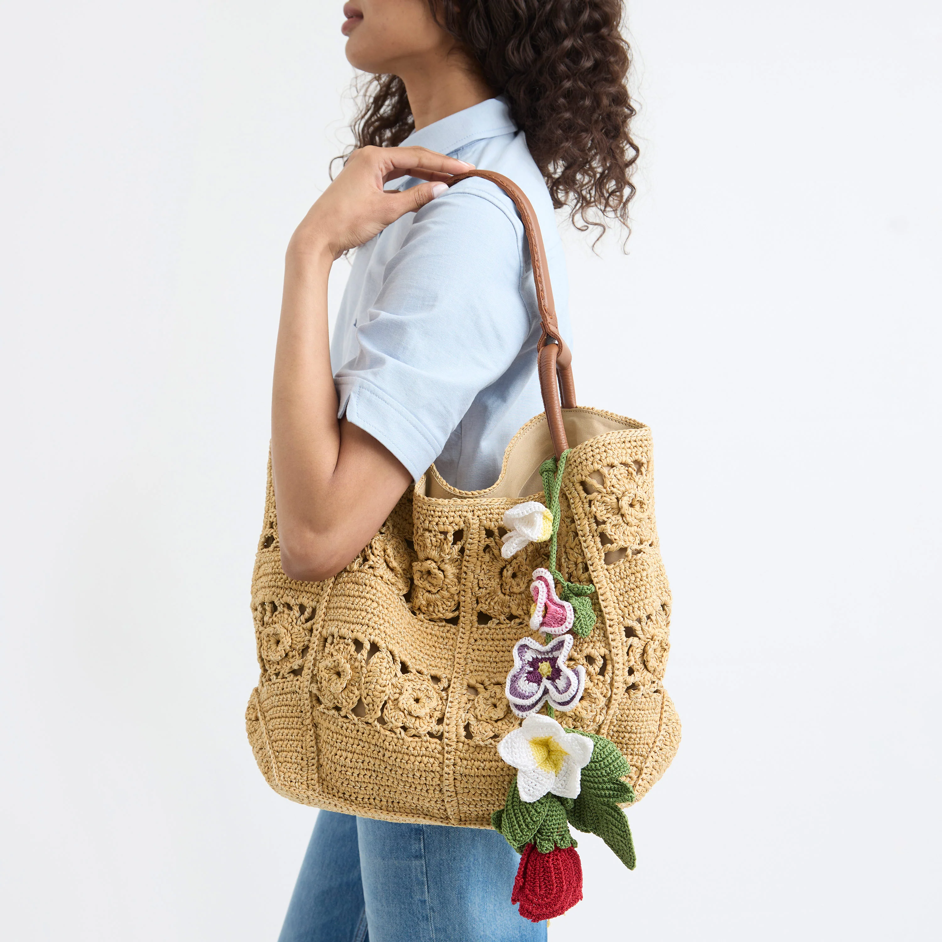 Los Feliz Large Tote - Hand Crochet - Natural Tonal Flower - Image 7