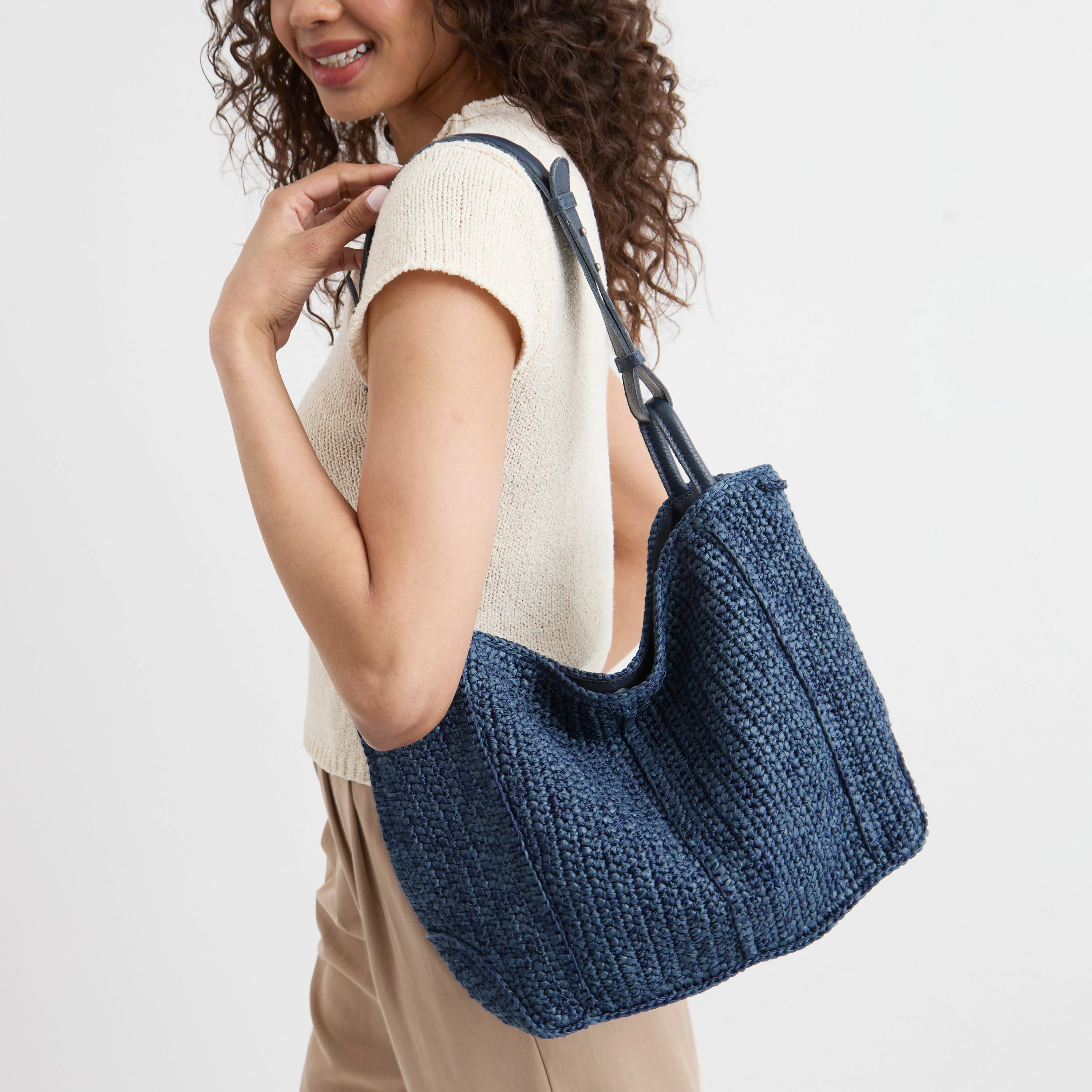 Los Feliz Medium Tote - Hand Crochet - Denim Tonal Straw - Image 5