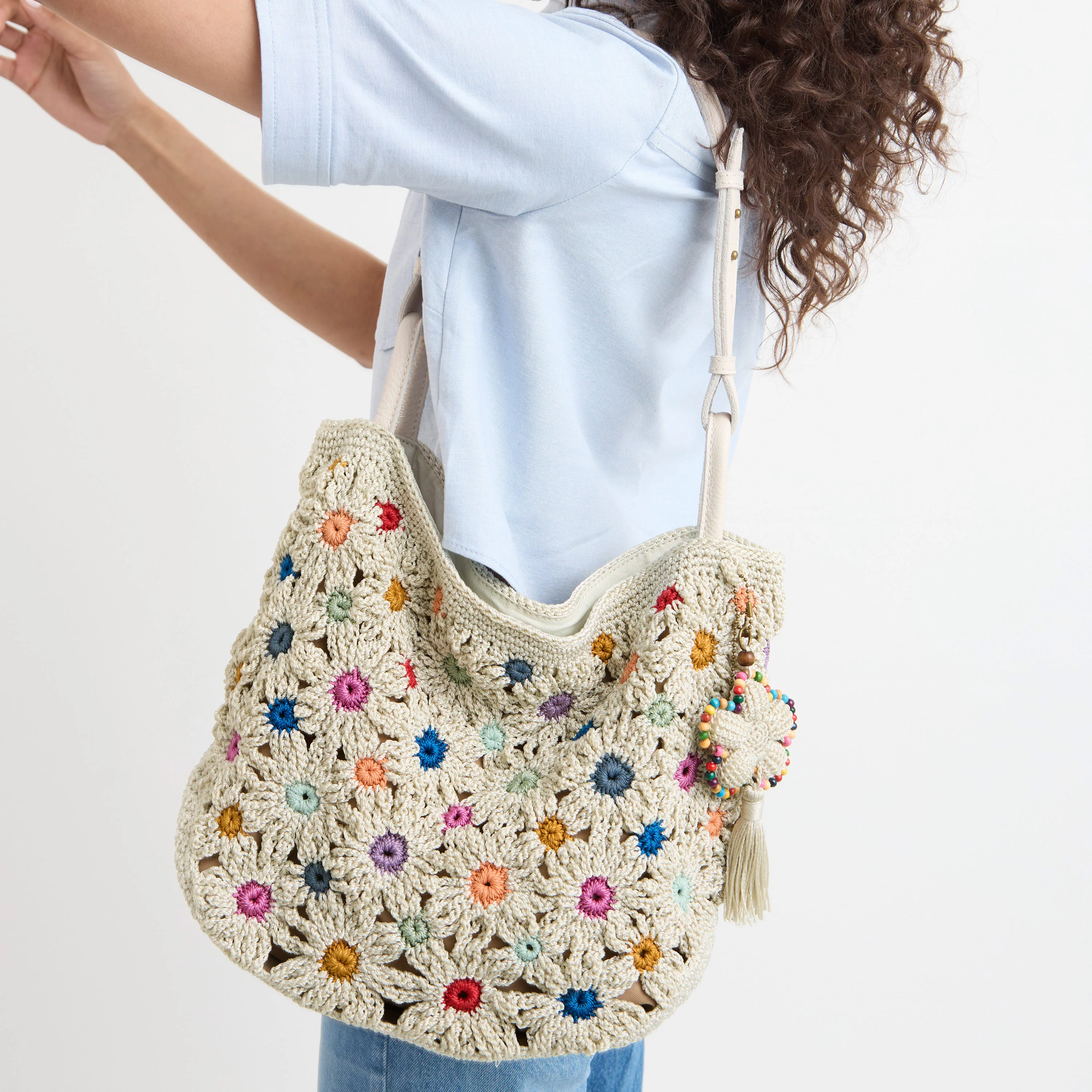 Los Feliz Medium Tote - Hand Crochet - Natural Multi Flowers - Image 6