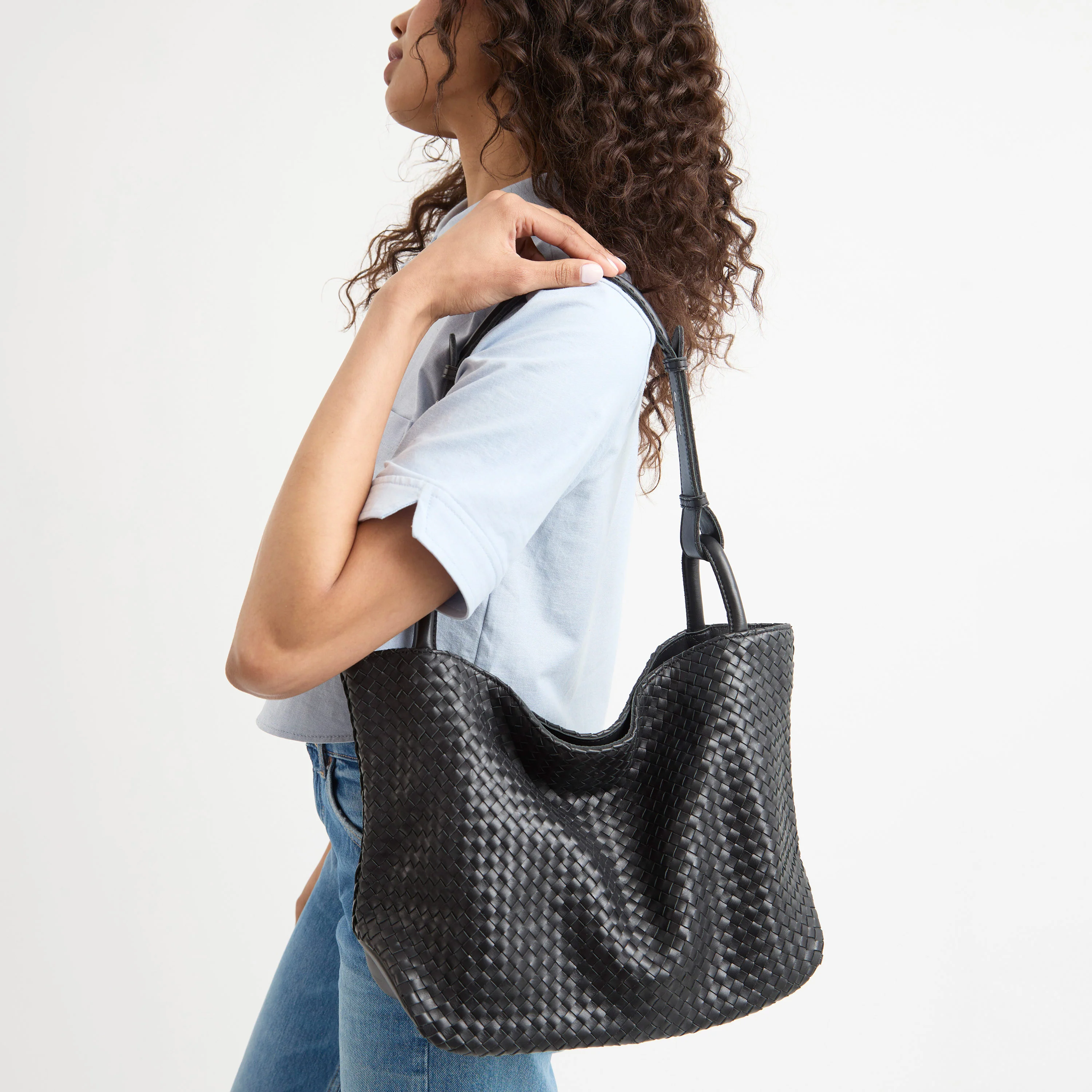 Los Feliz Medium Tote - Leather - Black Woven - Image 5