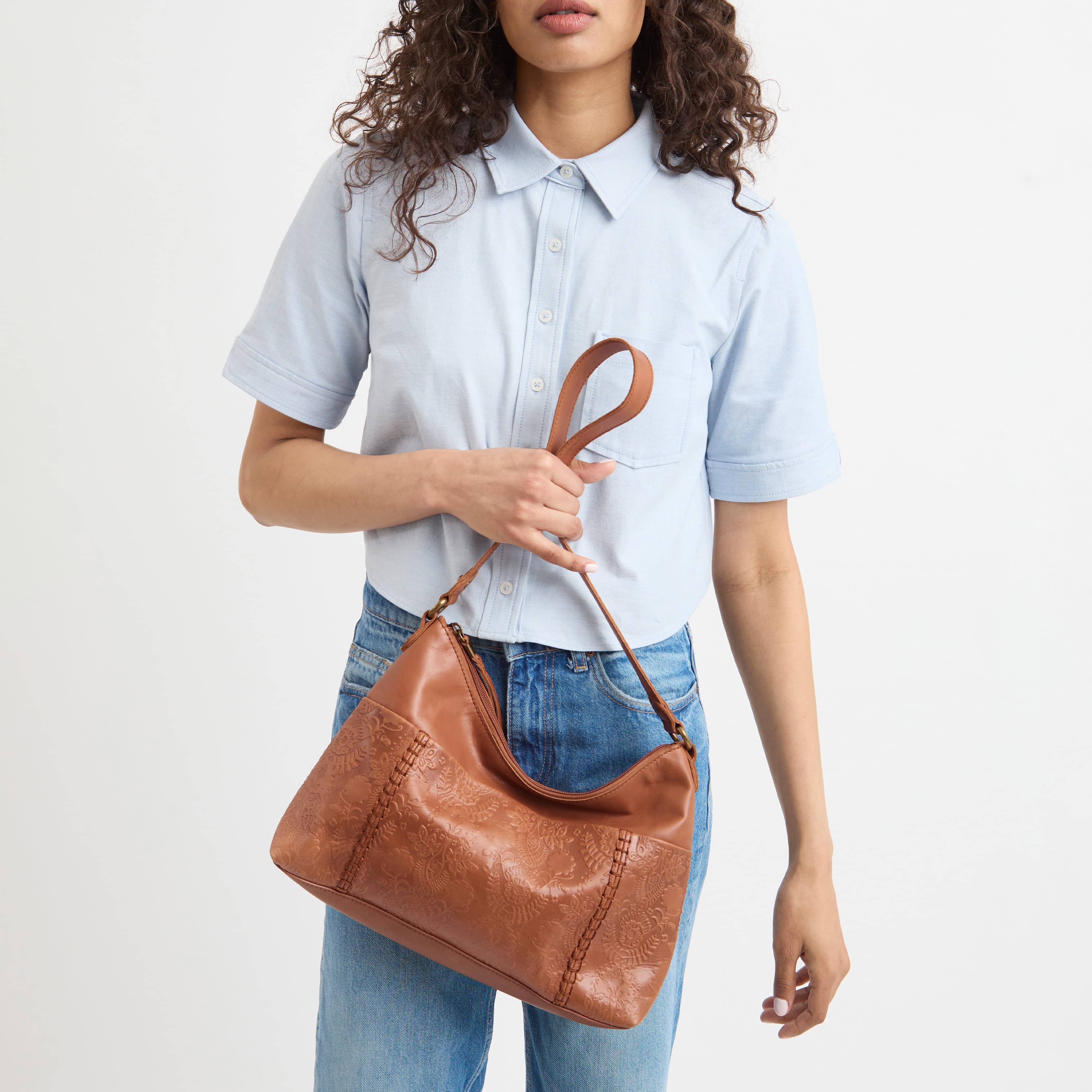 Melrose Shoulder Bag - Leather - Tobacco Floral Embossed - Image 5